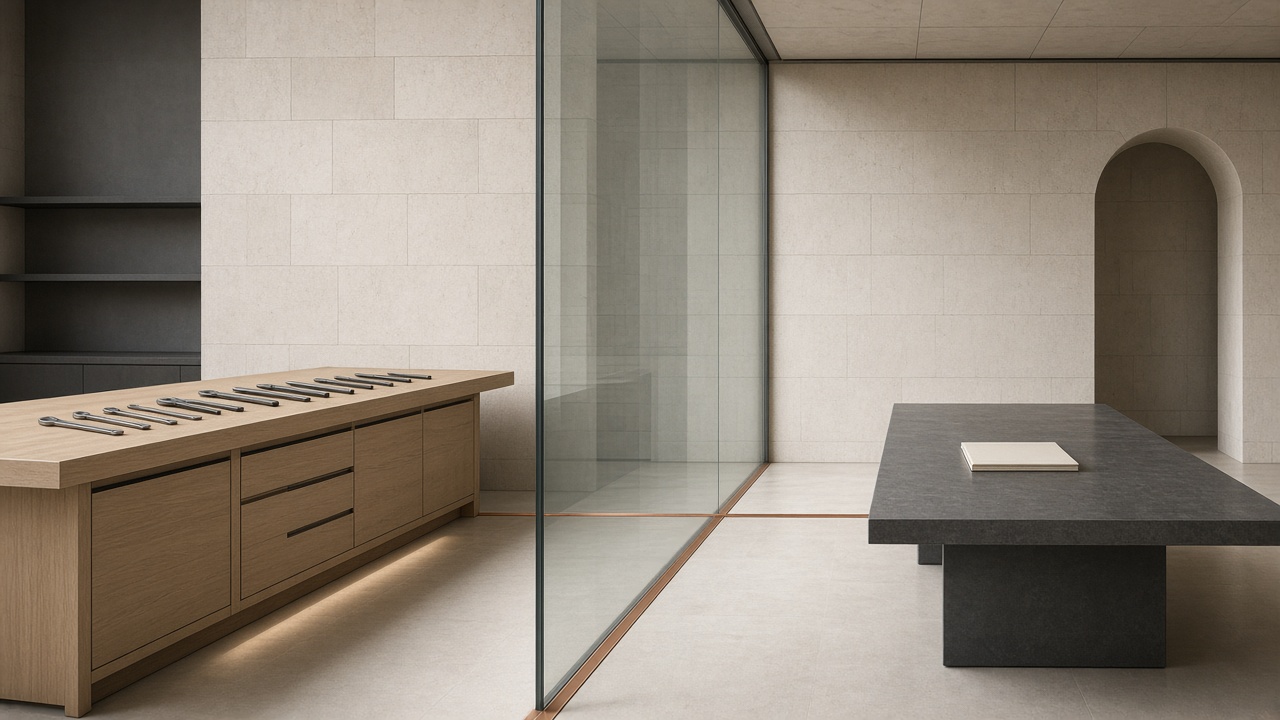 An engineering bench and a conference table divided by a glass wall