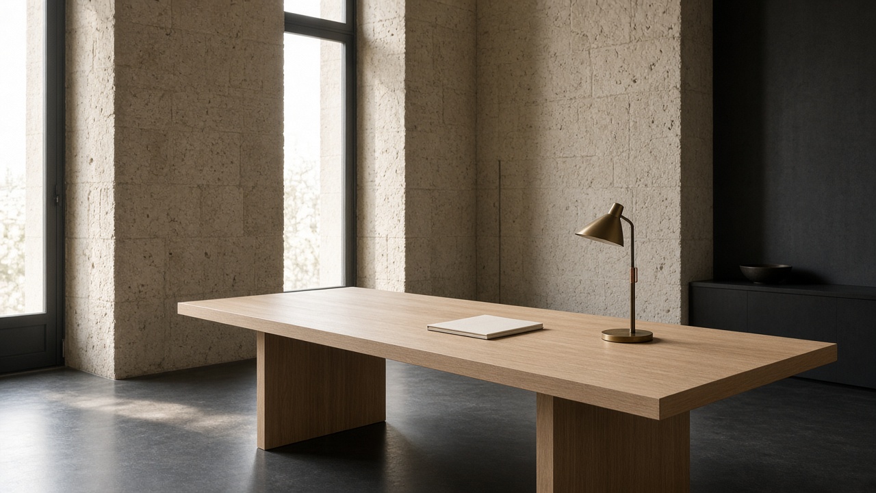 A quiet limestone studio with a long oak table, a closed notebook, and a brass lamp
