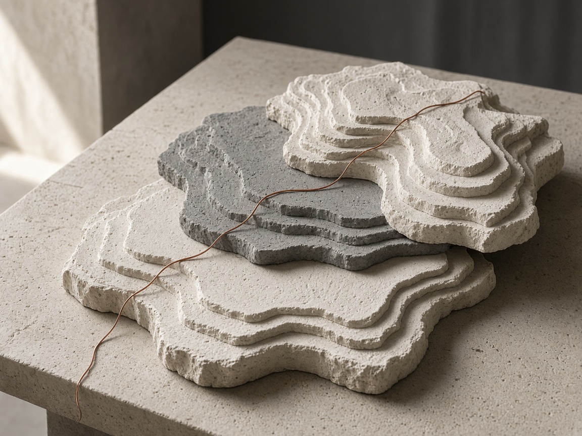 Layered plaster terrain models with a copper wire tracing a path across them