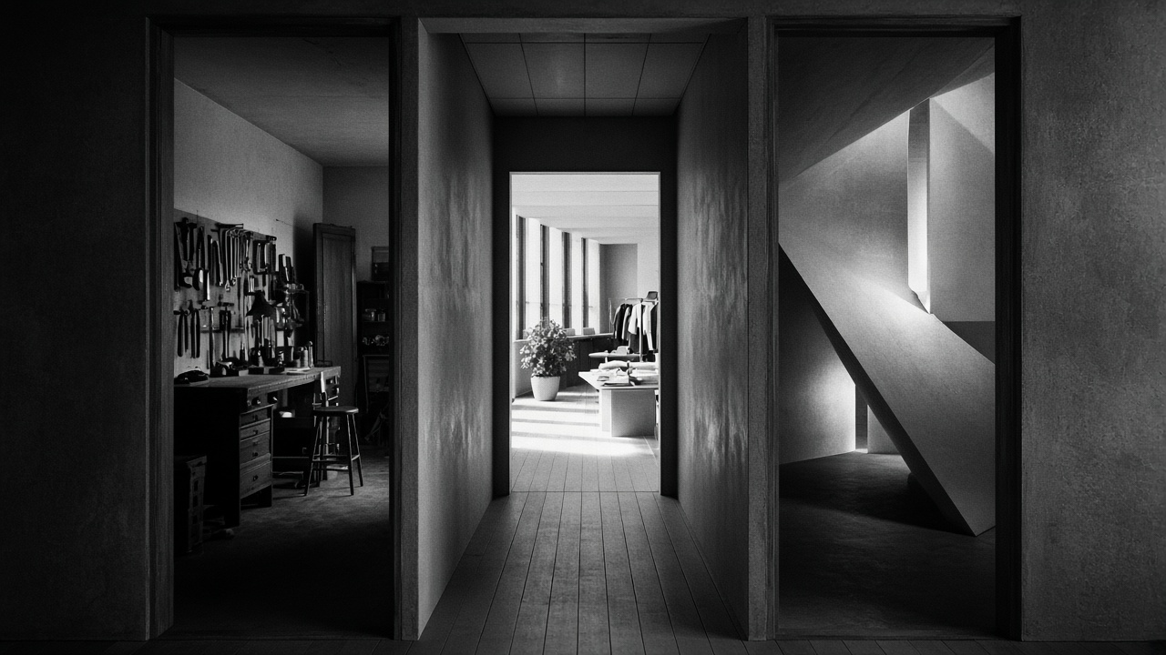 A hallway opening onto three rooms: a workshop, a bright shop, and an unusual geometric space