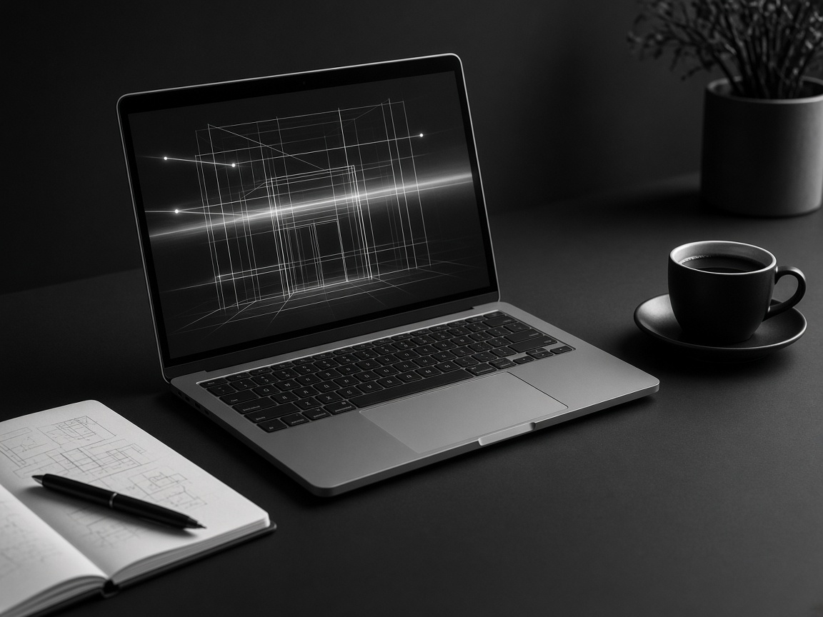 Laptop scanning an abstract storefront wireframe during assessment