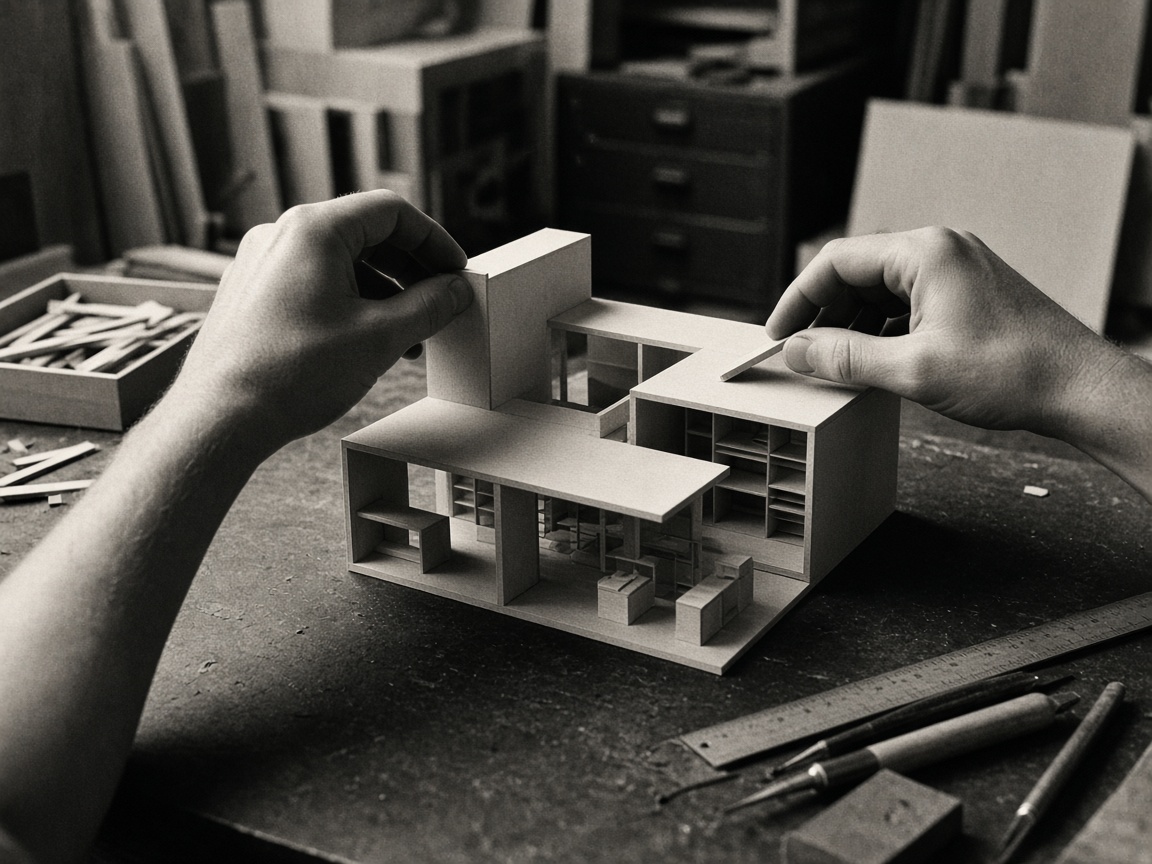 Hands assembling an architectural model of a shop