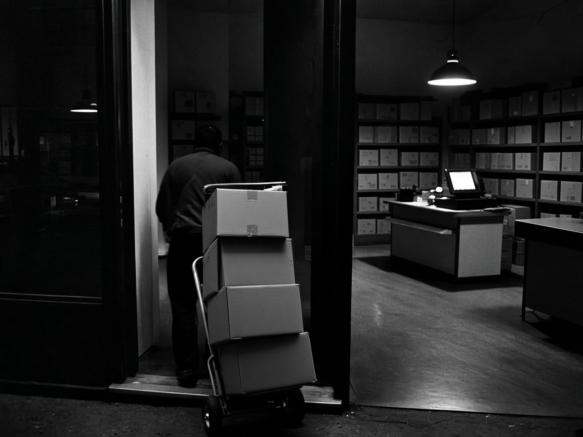 Boxes moving into a shop that is still open and lit