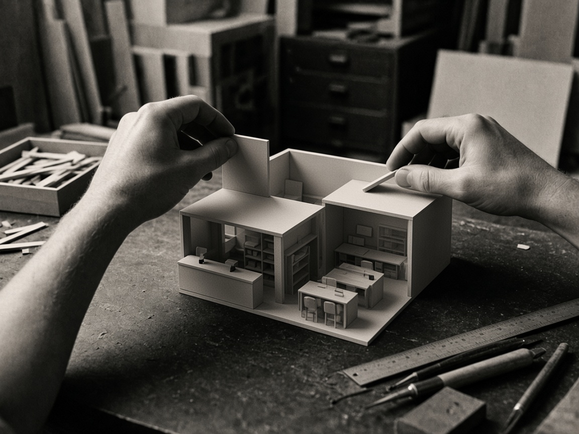 Hands assembling an architectural model of a shop and an editorial room