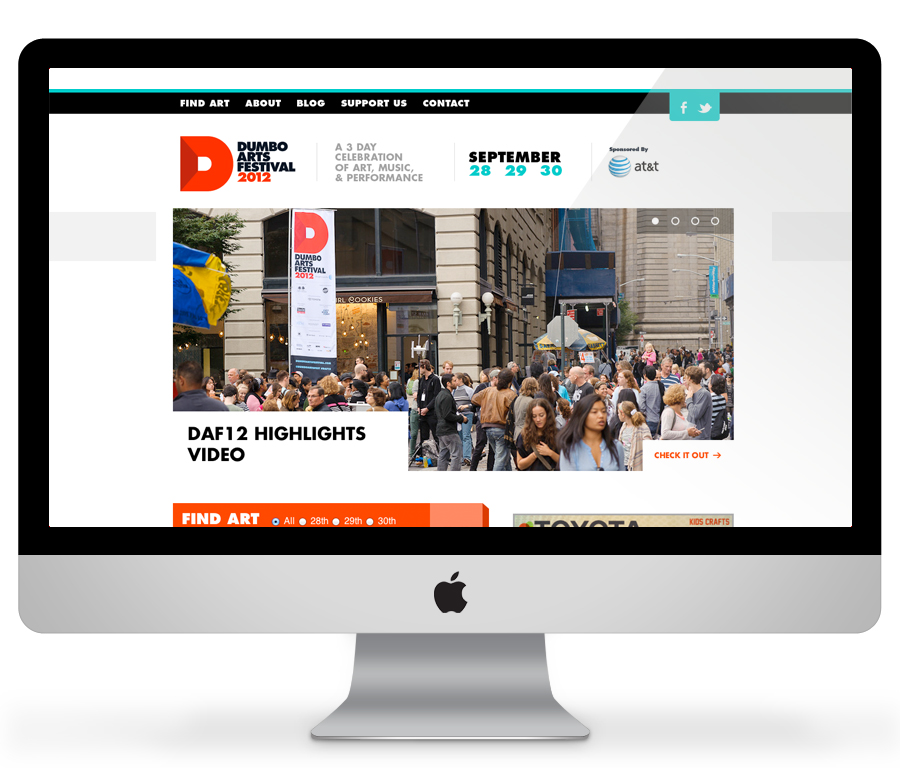 Dumbo Arts Festival 2012 website homepage on a desktop, with festival branding and a highlights video