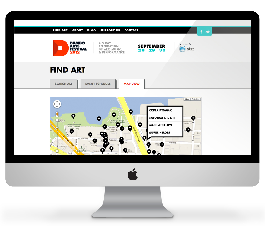 Dumbo Arts Festival Find Art map view on desktop, with pins and a location popup