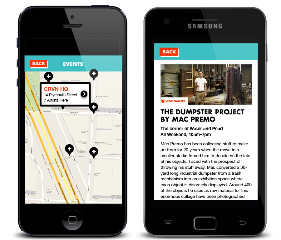 DAF mobile map with a venue popup and an exhibition detail page