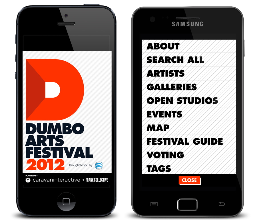 DAF mobile splash with the D mark and a full-screen festival menu on Android