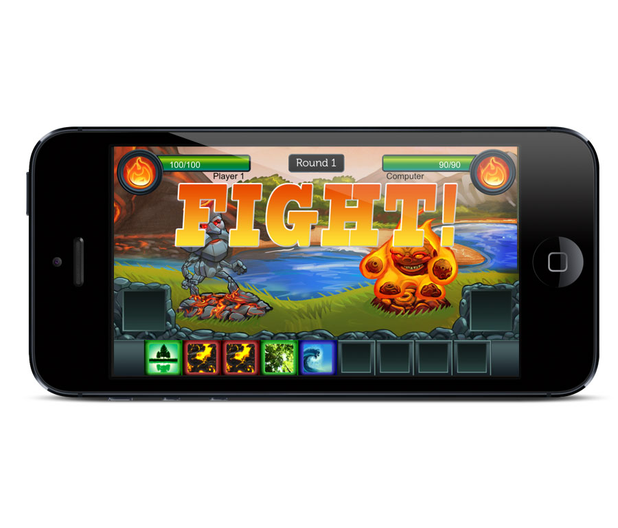 Battle screen with health bars, Fight banner, and an elemental hand along the bottom