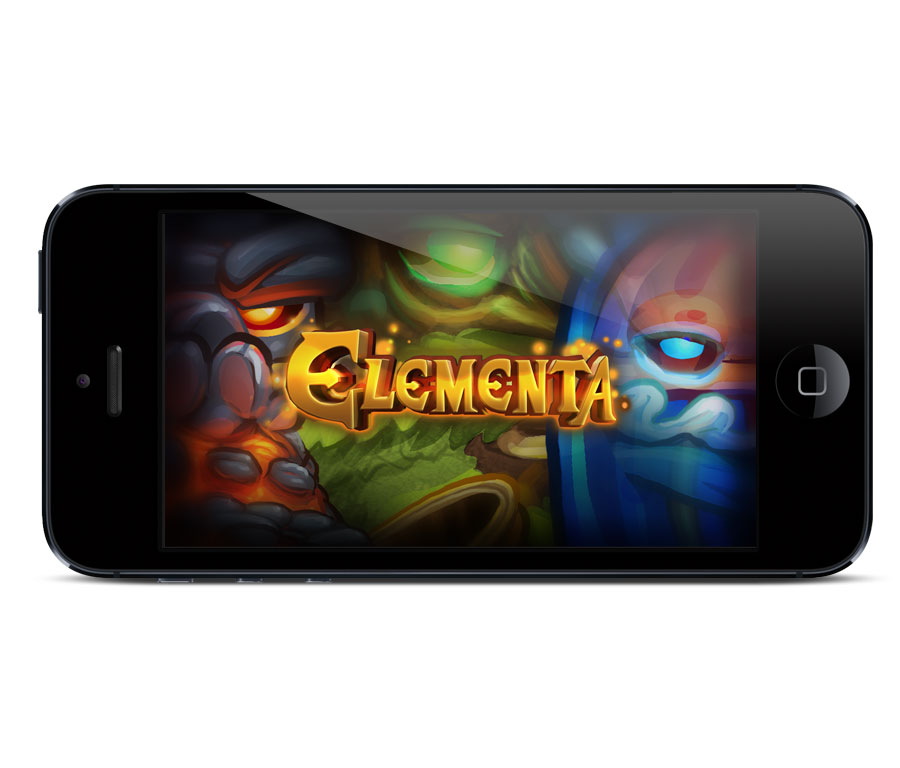 Elementa HD title screen on iPhone, with the gold Elementa wordmark over three elemental characters